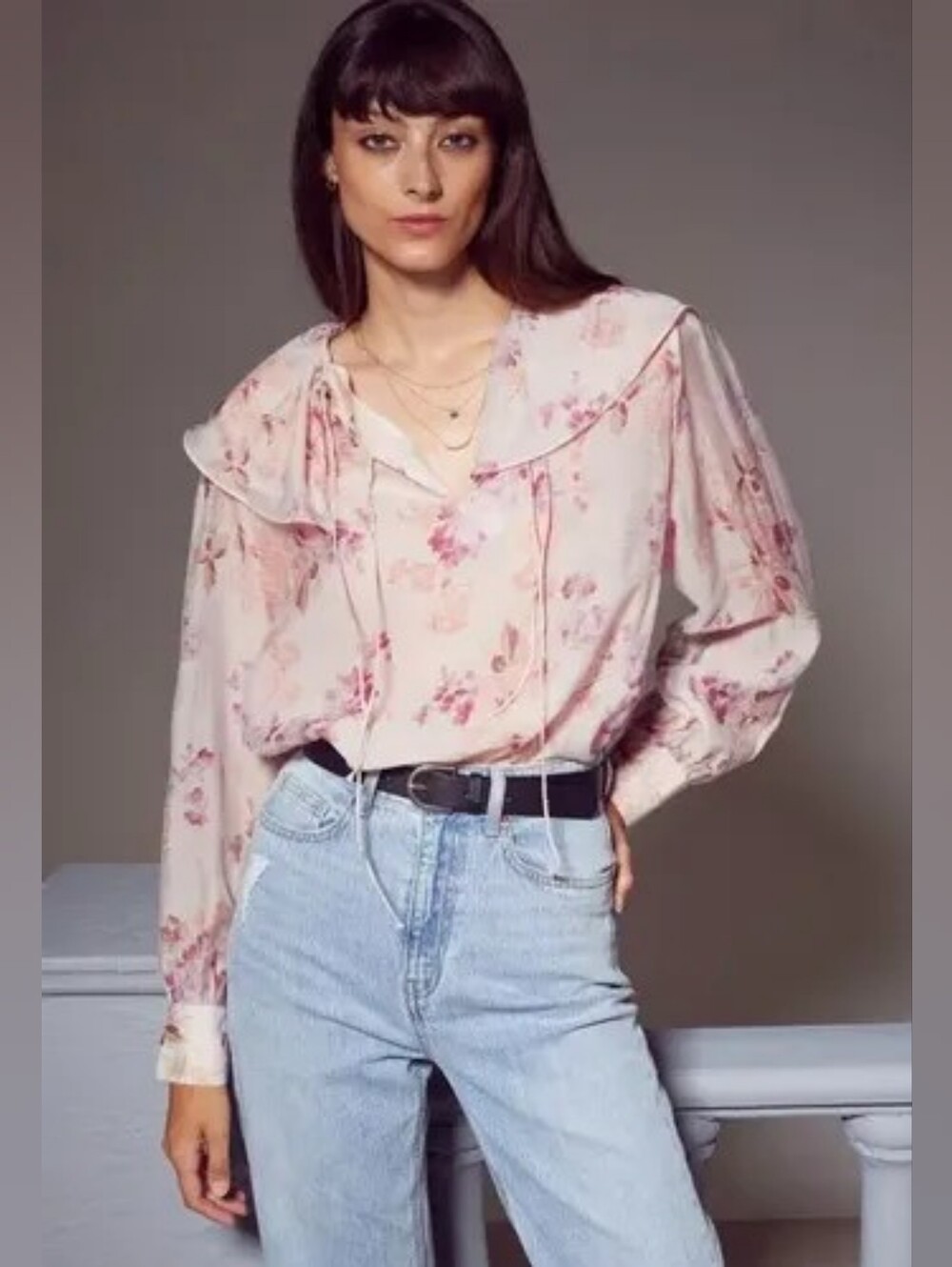 H&M Blush Pink Floral Long-Sleeve Blouse with Ruffle Collar